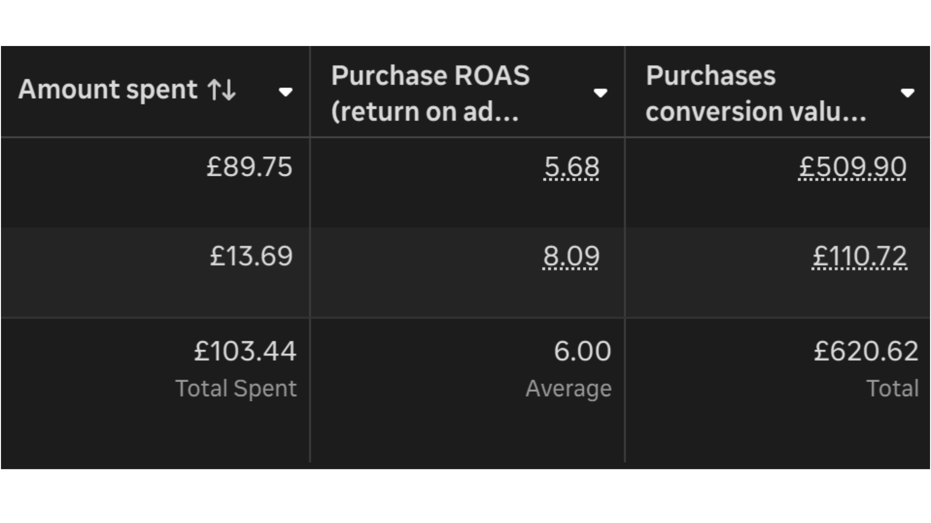 Meta Ads Manager showing 6x return on ad spend